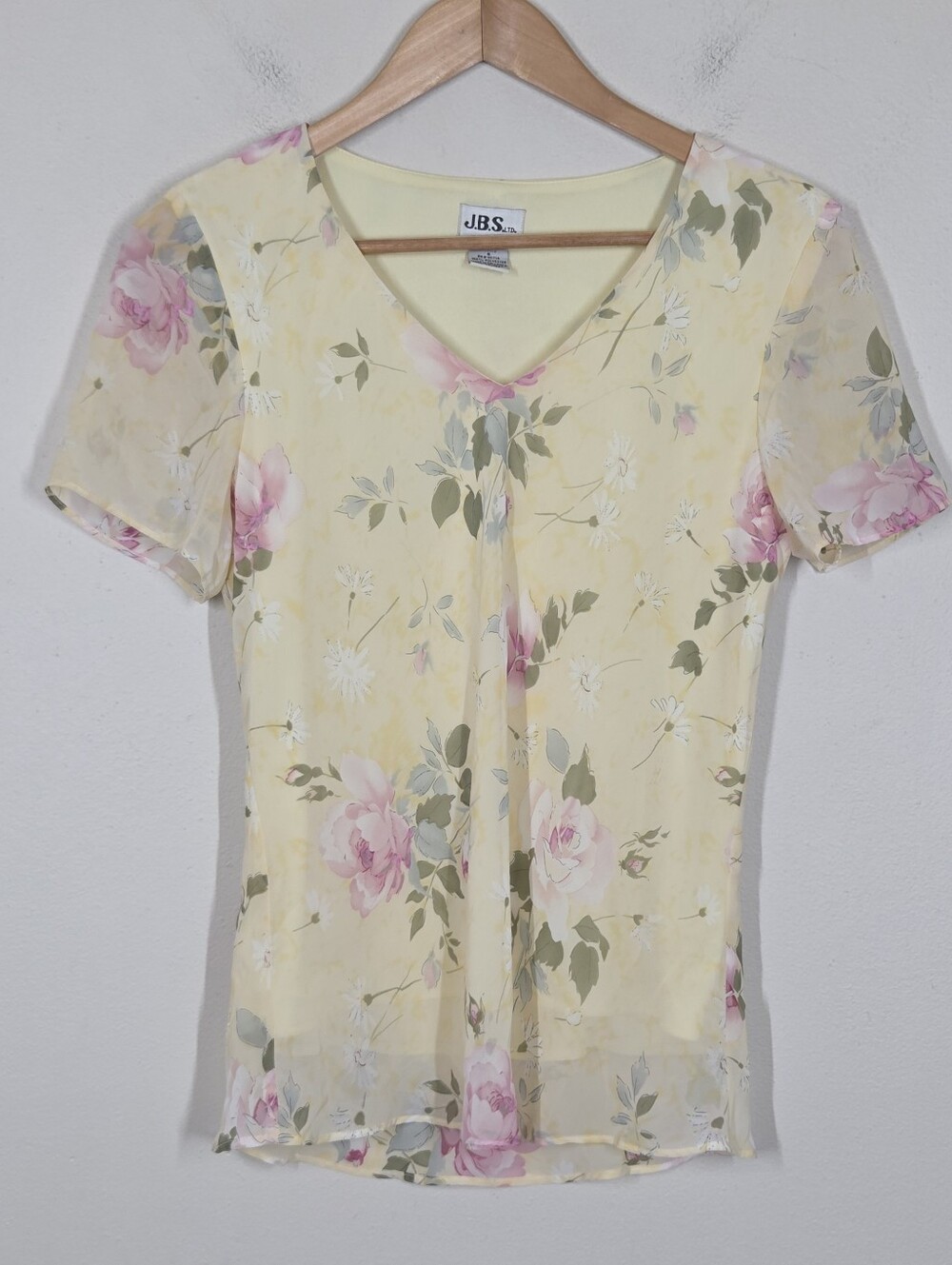 Vtg 90s Pastel Yellow Pink Floral Sheer Overlay Top 6 Cottagecore Fairy Romantic